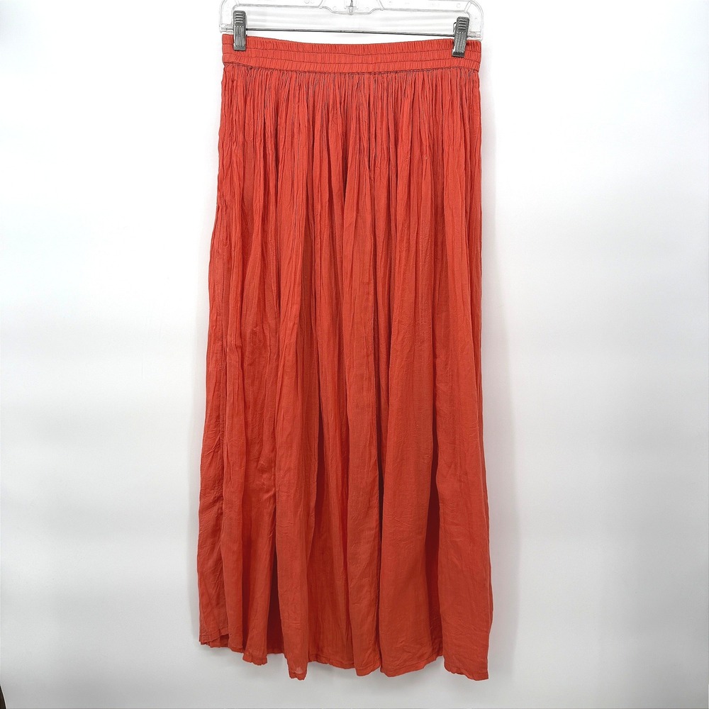 DDYC Maxi Skirt Gauze Sheer Crinkled Elastic Waist Boho Summer Orange Small**